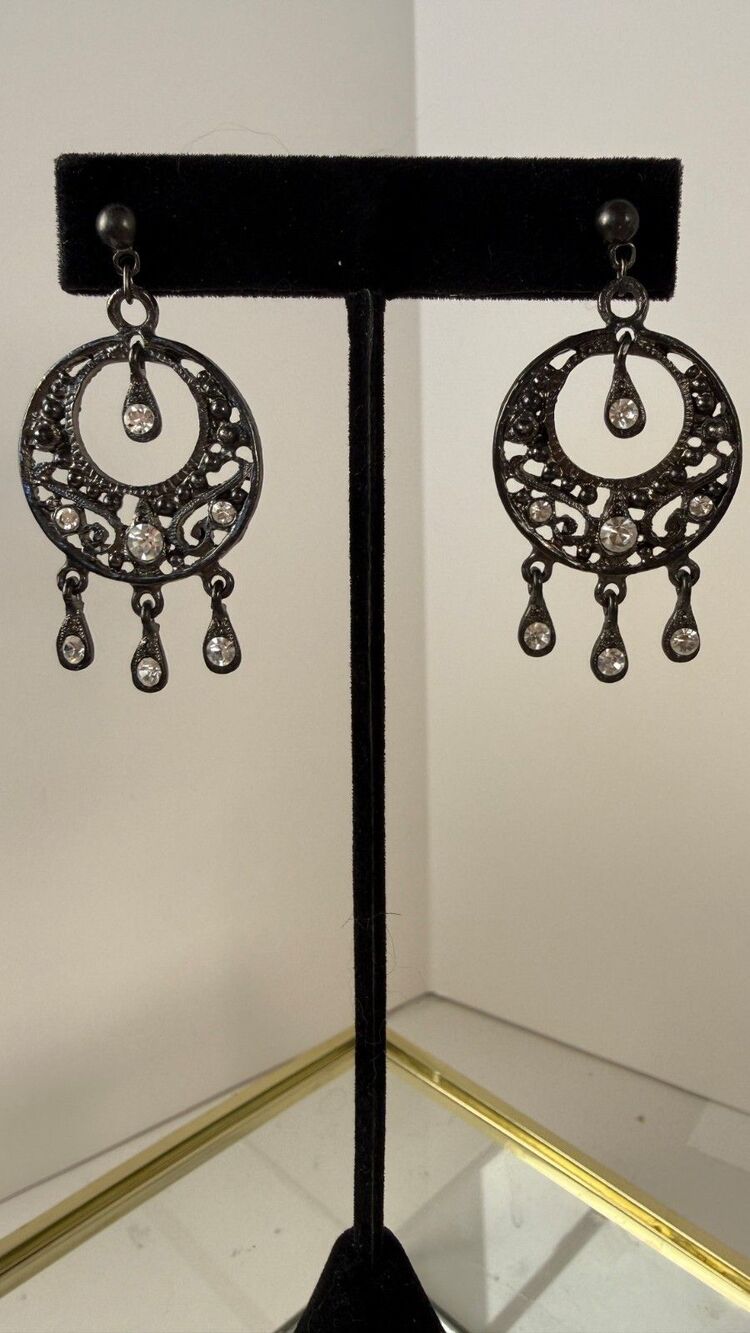 Vintage Gunmetal Rhinestone Chandelier Earrings Gothic Y2K Dangle